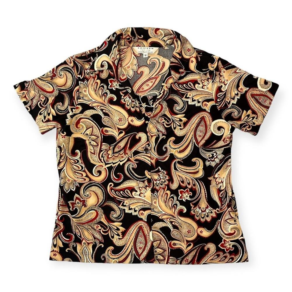 Vintage JohnPaulRichard Paisley Button Front Blouse Black Red Gold Size Medium
